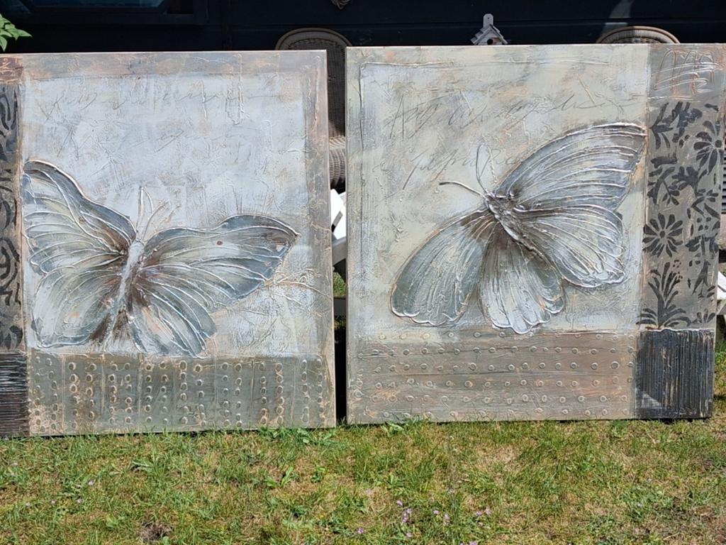 Set van 2 schilderijen met vlinders - 100x100 cm, Ophalen