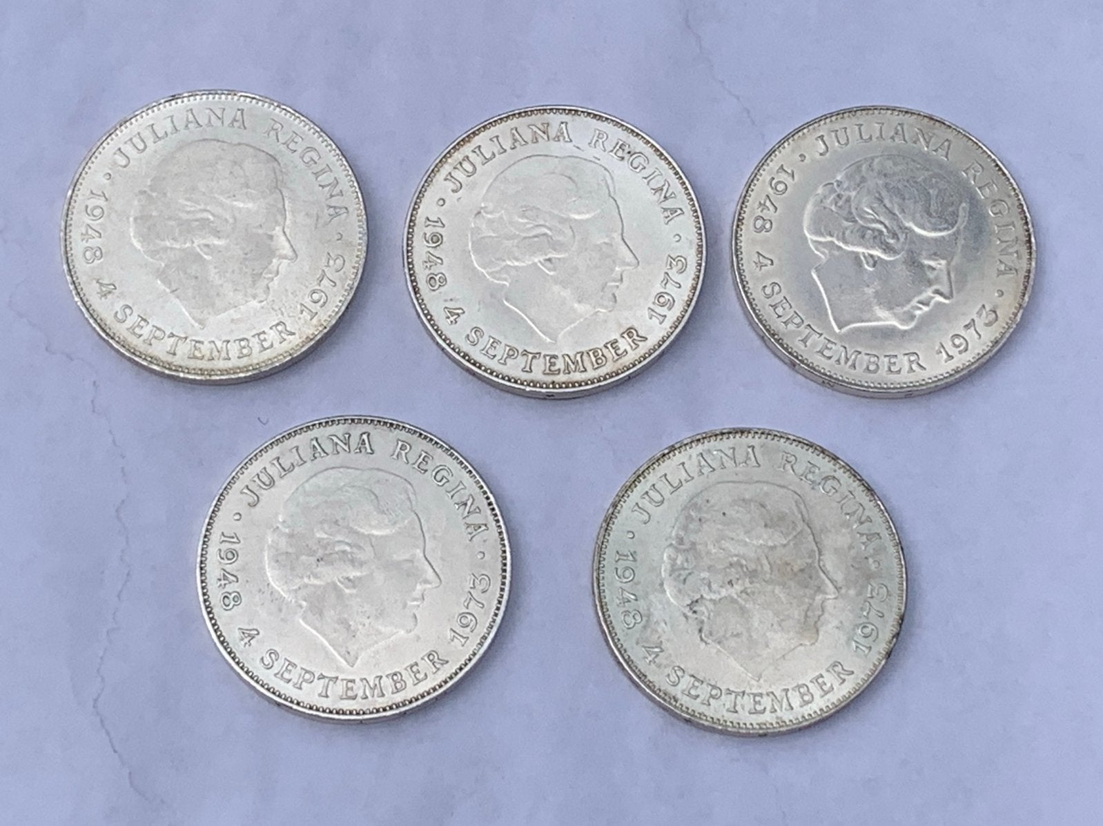 5 zilveren tientjes juliana 1973, Ophalen of Verzenden, Koningin Juliana, 10 gulden