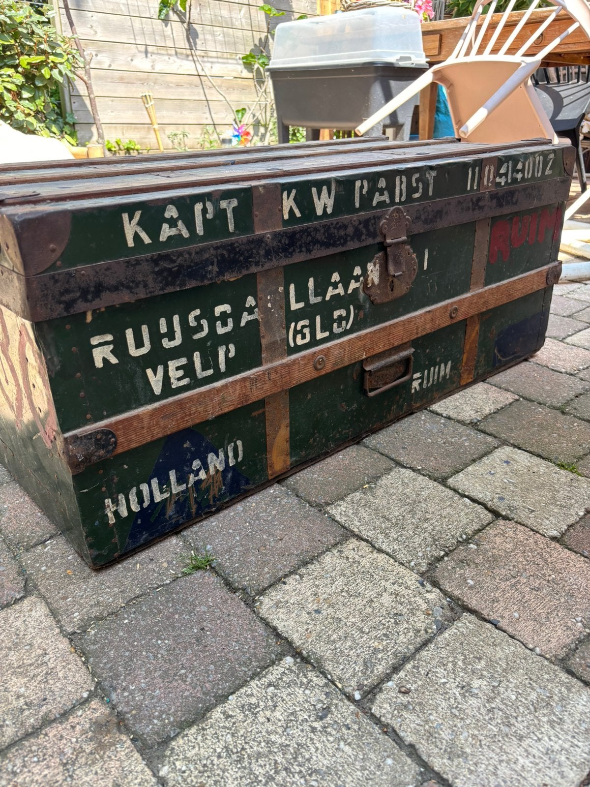 Super gave hutkoffer/ kist met opschriften, Ophalen, Zo goed als nieuw