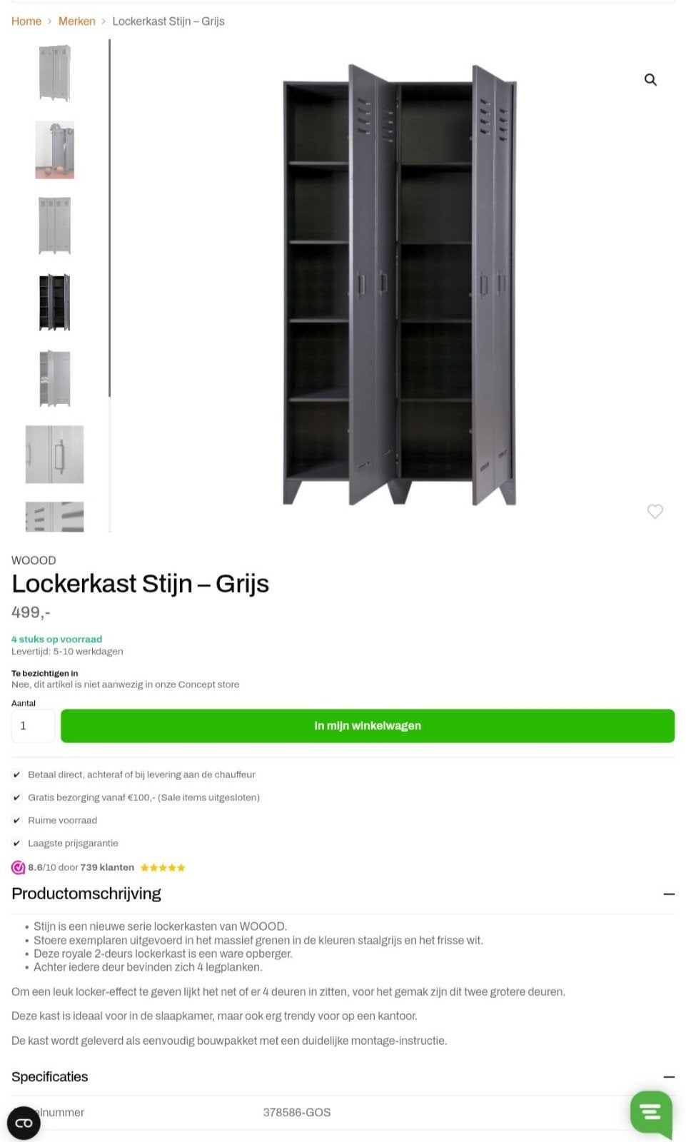 WOOOD Lockerkast Stijn - Grijs (2 deuren), Ophalen, Zo goed als nieuw, Industrieel, Modern, Locker
