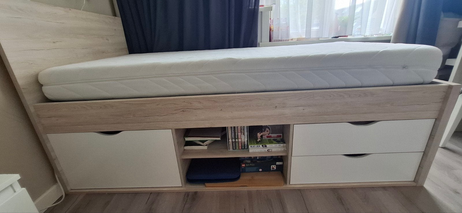 Eenpersoonsbed met opbergruimte zonder matras, Ophalen, 90 cm, Eenpersoons, Wit