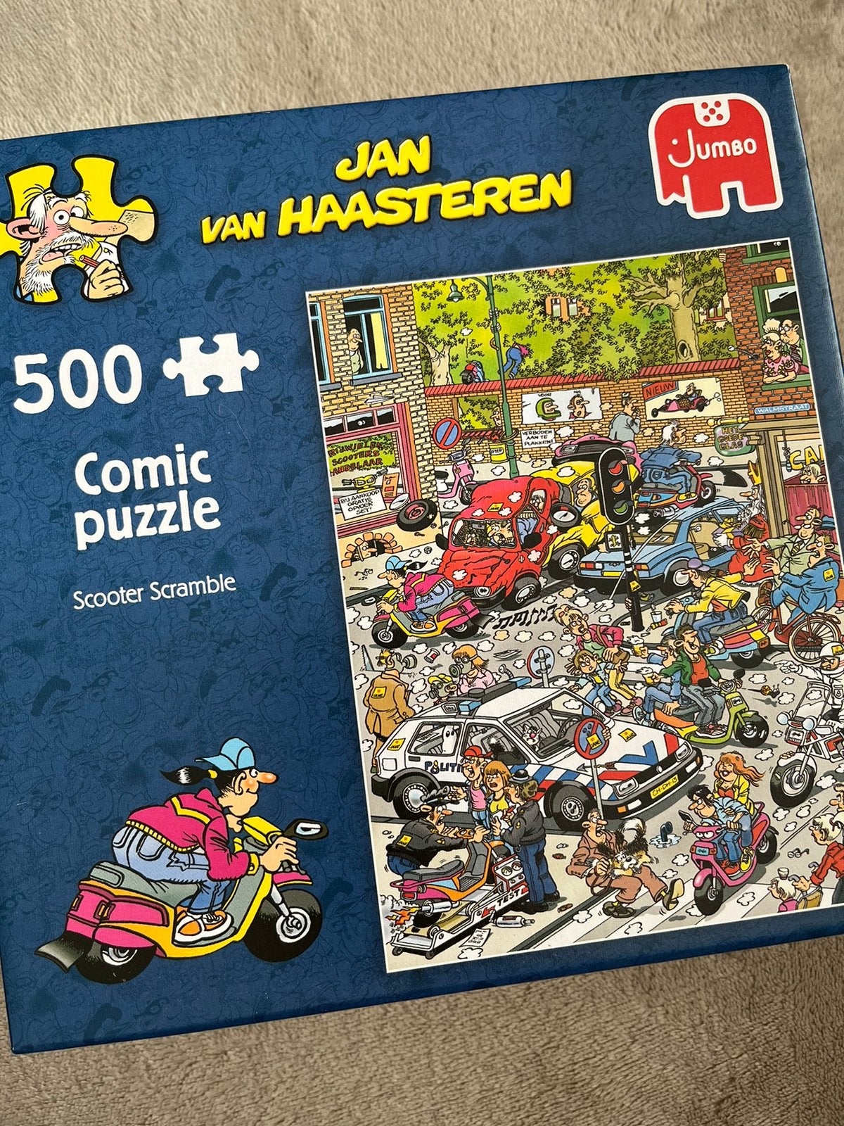 Leuke puzzel Scooter scramble Jan van Haasteren 500 stukjes, Ophalen of Verzenden, 500 t/m 1500 stukjes, Zo goed als nieuw