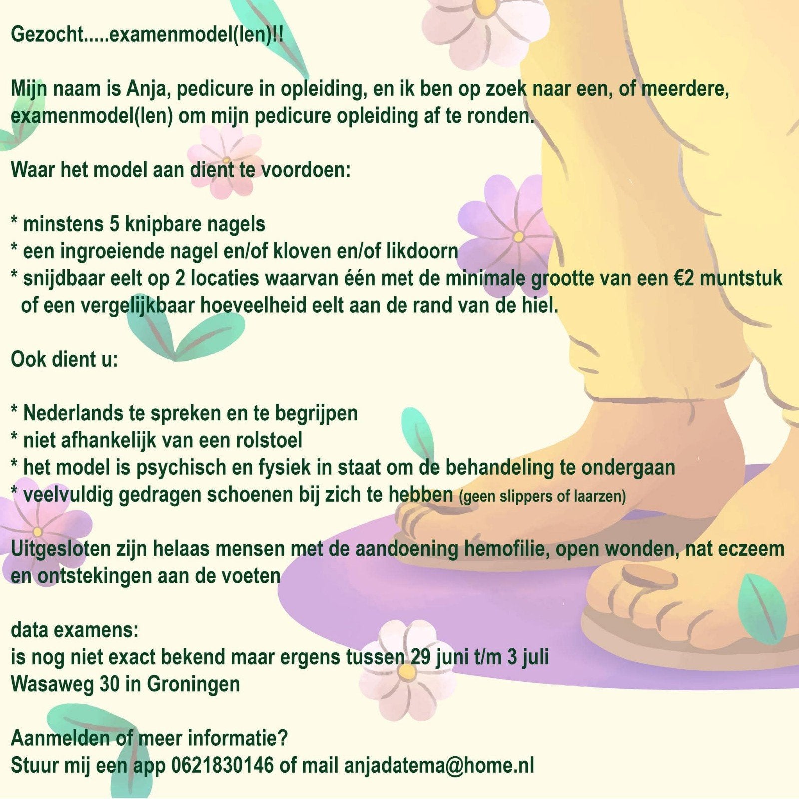 Examenmodel pedicure gezocht in Groningen., Ophalen of Verzenden, Nieuw, Overige typen