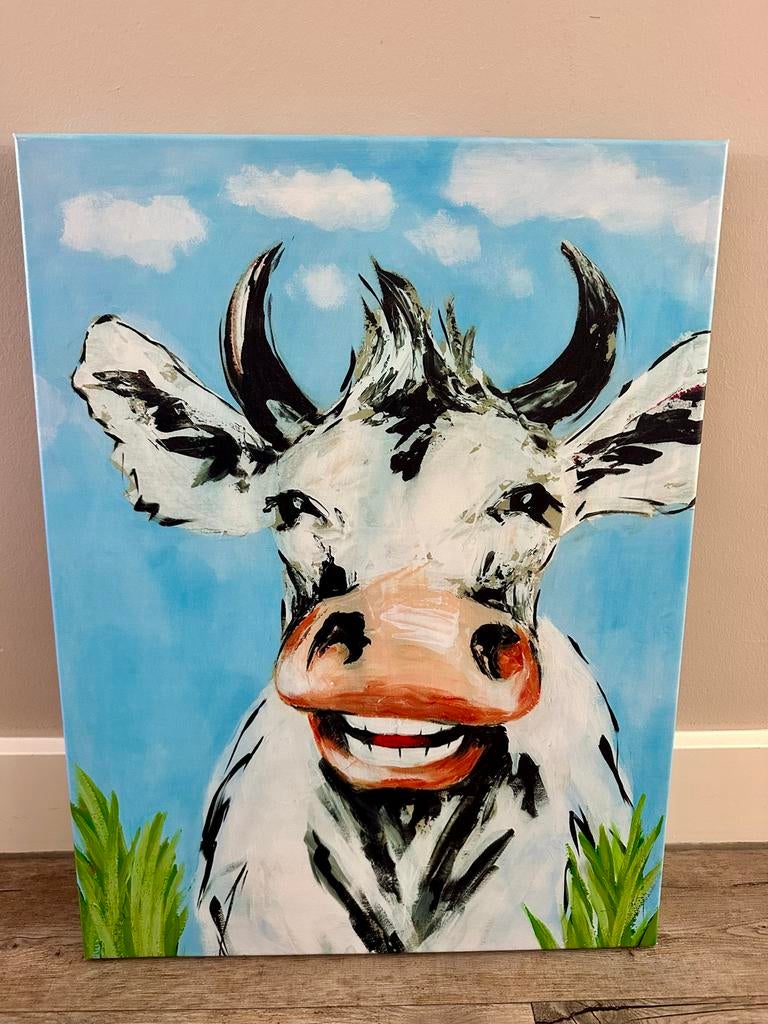 Vrolijk Koe Schilderij - 47x62 cm, Antiek en Kunst, Kunst | Schilderijen | Modern, Ophalen of Verzenden