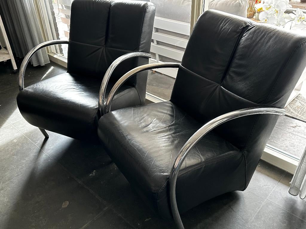 Stijlvolle leren fauteuils met RVS frame, Ophalen, Gebruikt, 75 tot 100 cm, Leer