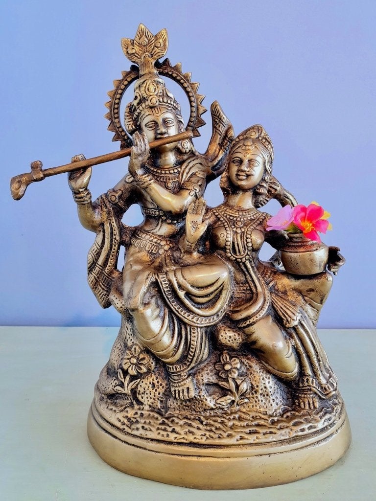 RADHA KRISHNA BEELD BRONS 34 CM, Verzamelen, Beelden en Beeldjes, Zo goed als nieuw, Religie, Ophalen of Verzenden