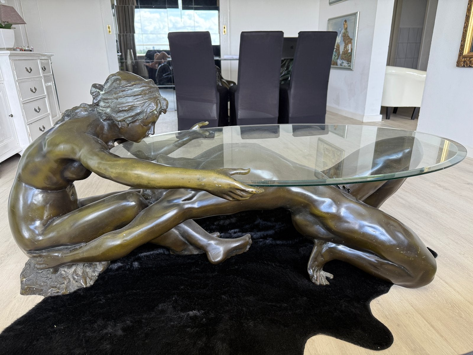 Dure antieke bronze salon tafel met glas plaat, Huis en Inrichting, Tafels | Salontafels, Ophalen, 50 tot 100 cm, 150 tot 200 cm