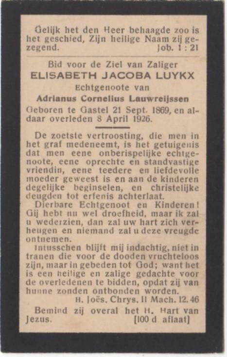 Elisabeth Jacoba Luykx 1869 Gastel + 1926 Gastel, 56 jaar, Verzenden
