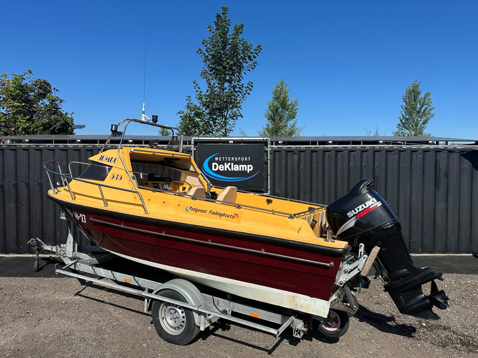 Jumbo Visboot met Suzuki 140pk en Pega trailer, Ophalen, Gebruikt, Polyester, Buitenboordmotor