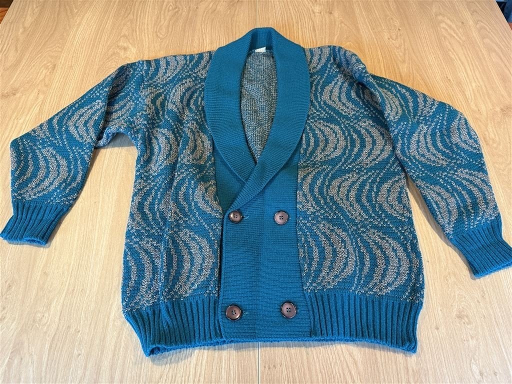 Vintage heren gebreide cardigan trui abstract geometrisch ma, Ophalen of Verzenden, Zo goed als nieuw