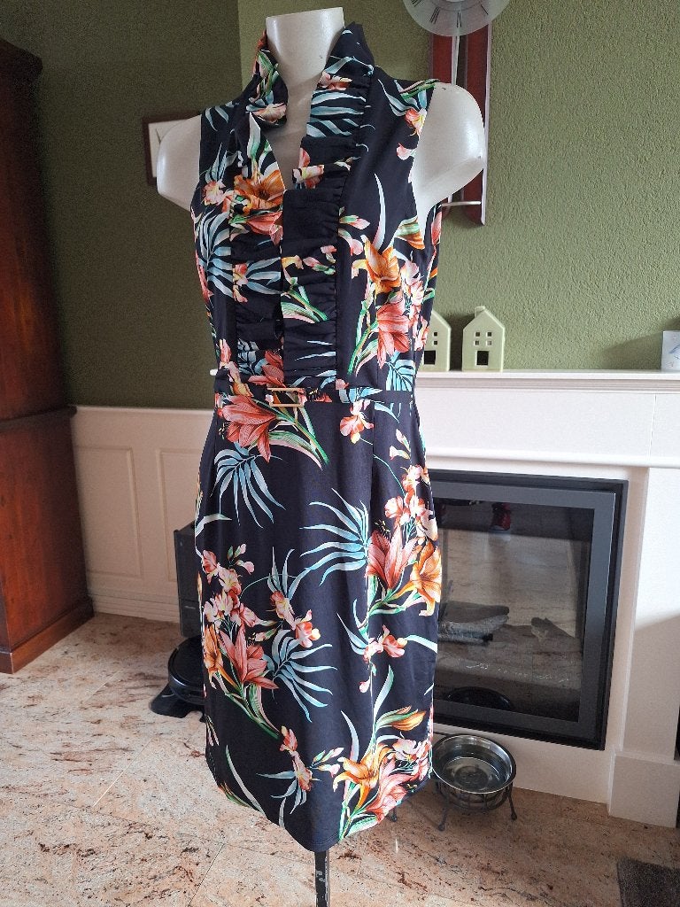 K-Design ruches kraag jurkje M diep blauw bijna zwart, Kleding | Dames, Maat 38/40 (M), K-design, Zo goed als nieuw, Knielengte