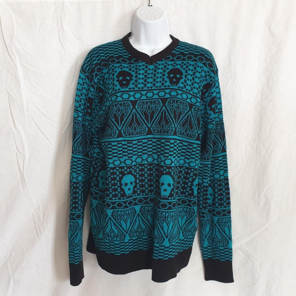 Stoere zwart-blauwe trui, doodshoofden mt L merk Fishbone, Maat 52/54 (L), Blauw, ., Ophalen of Verzenden