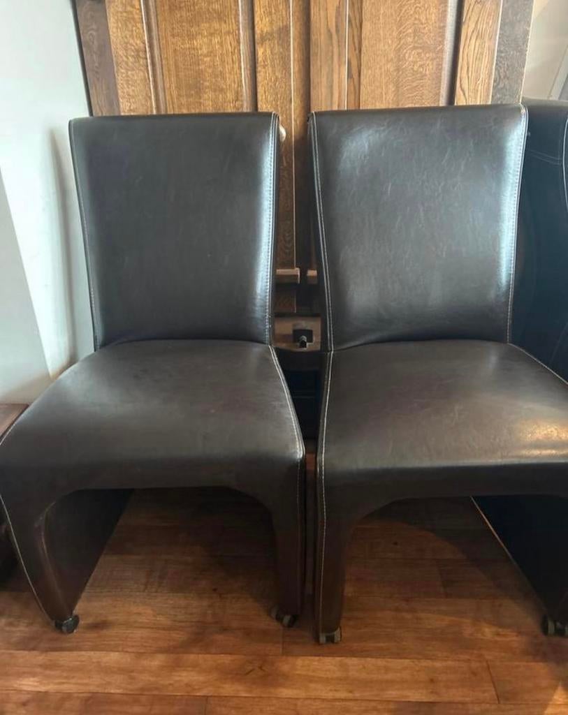 Set van 2 zwarte leren eetkamerstoelen, Twee, Bruin, Leer, Ophalen of Verzenden