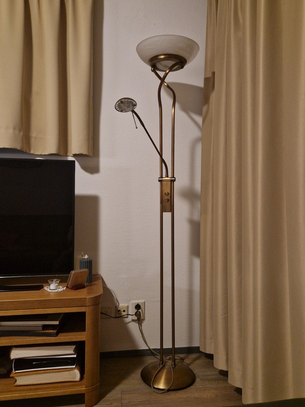 Stijlvolle bronzen vloerlamp met leeslamp, Ophalen, Gebruikt, Glas, Klassiek, Modern