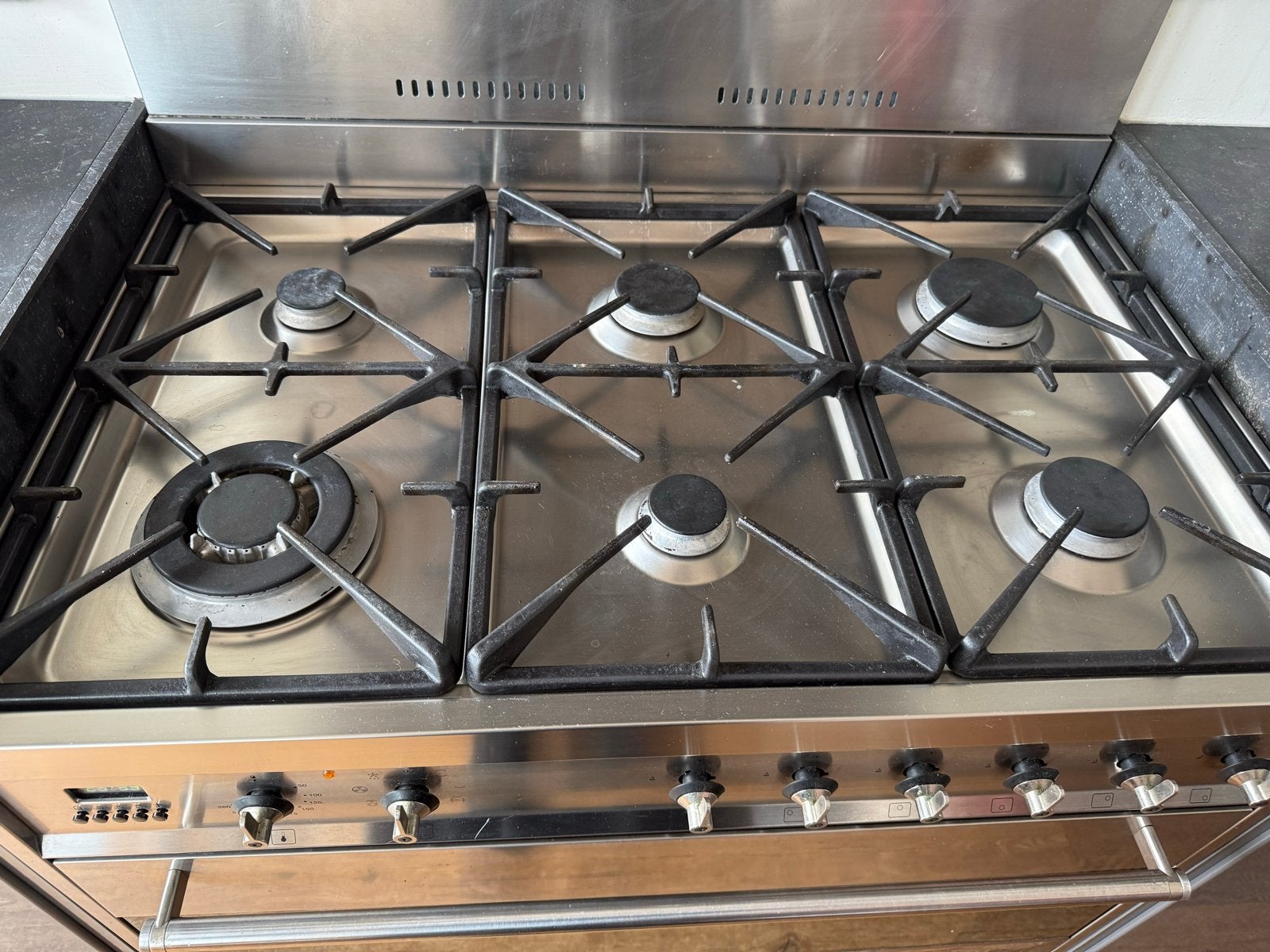 RVS Fornuis met 6 gaspitten en oven, Ophalen, Gebruikt, 60 cm of meer, Gas