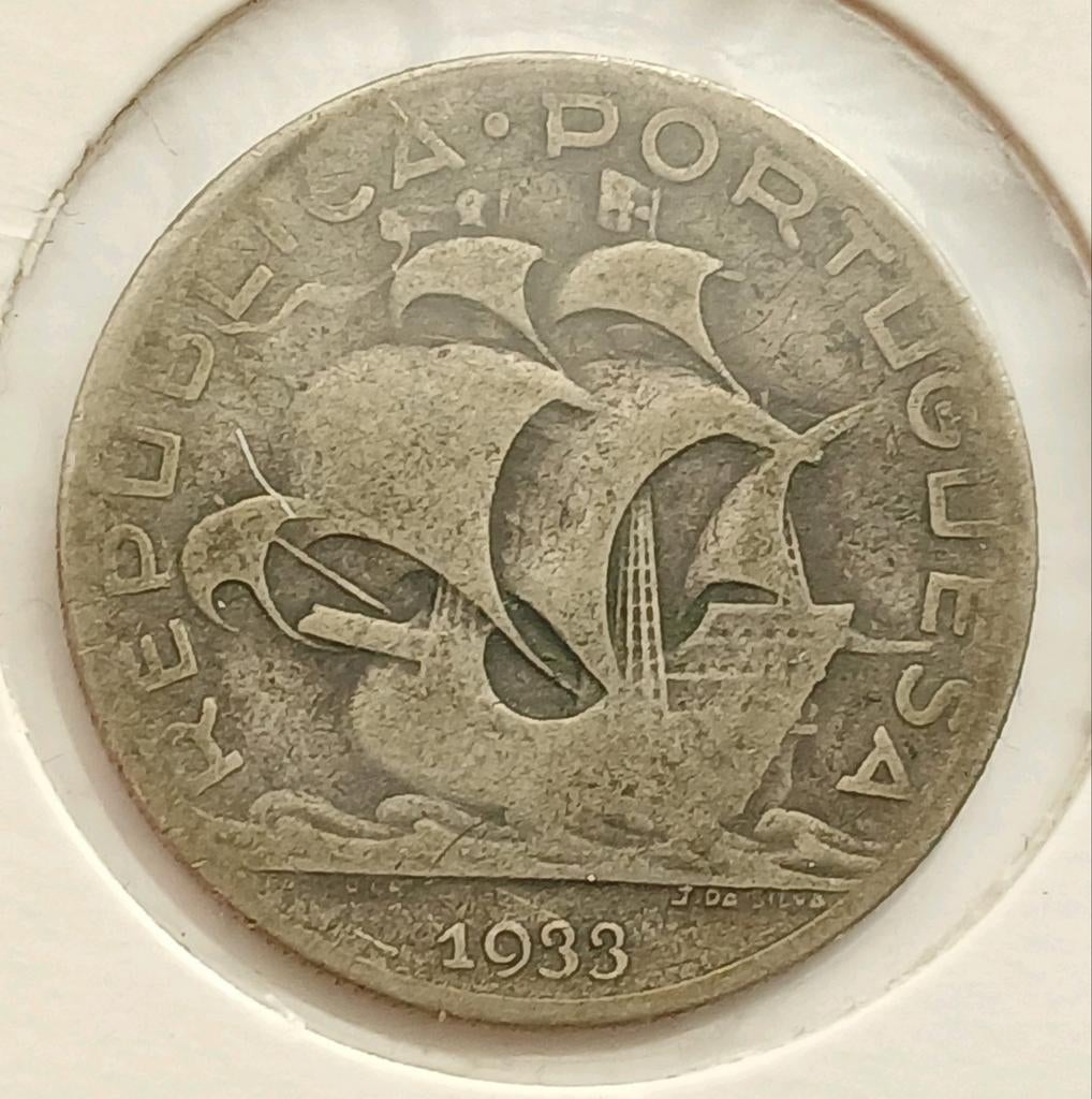 5 Escudos 1933 Portugal Oude Antieke Zilver Munt Zeilschip, Postzegels en Munten, Munten | Europa | Niet-Euromunten, Ophalen of Verzenden