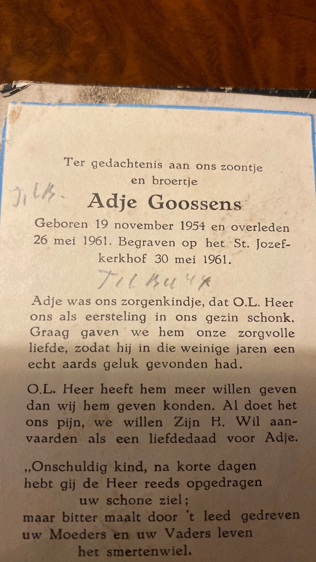 Adje Goossens 1954 Tilburg 1961, Ophalen of Verzenden