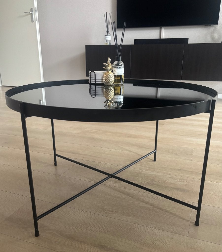 Salontafel zwart/spiegelglas - 69 cm Ø, Ophalen, Gebruikt, 50 tot 100 cm, Rond