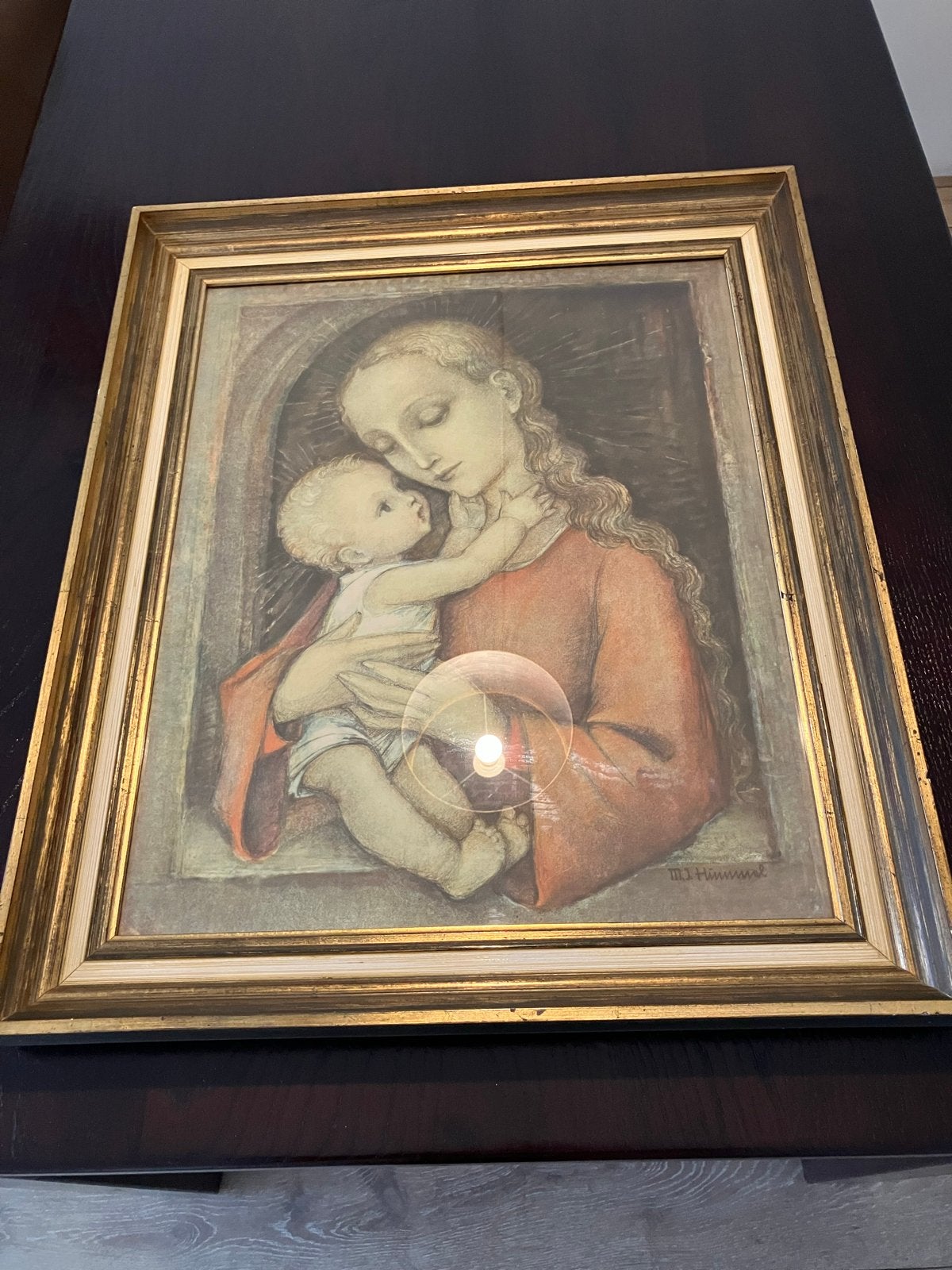 Vintage Madonna met Kind print, gesigneerd M.I. Hummel, Ophalen, Portret of Personen, Gesigneerd, Klassiek