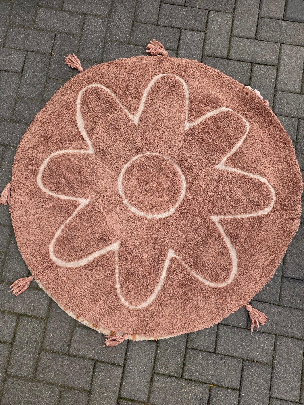 Rond roze bloemen vloerkleed met kwastjes, Gebruikt, 50 tot 100 cm, Rond, Roze