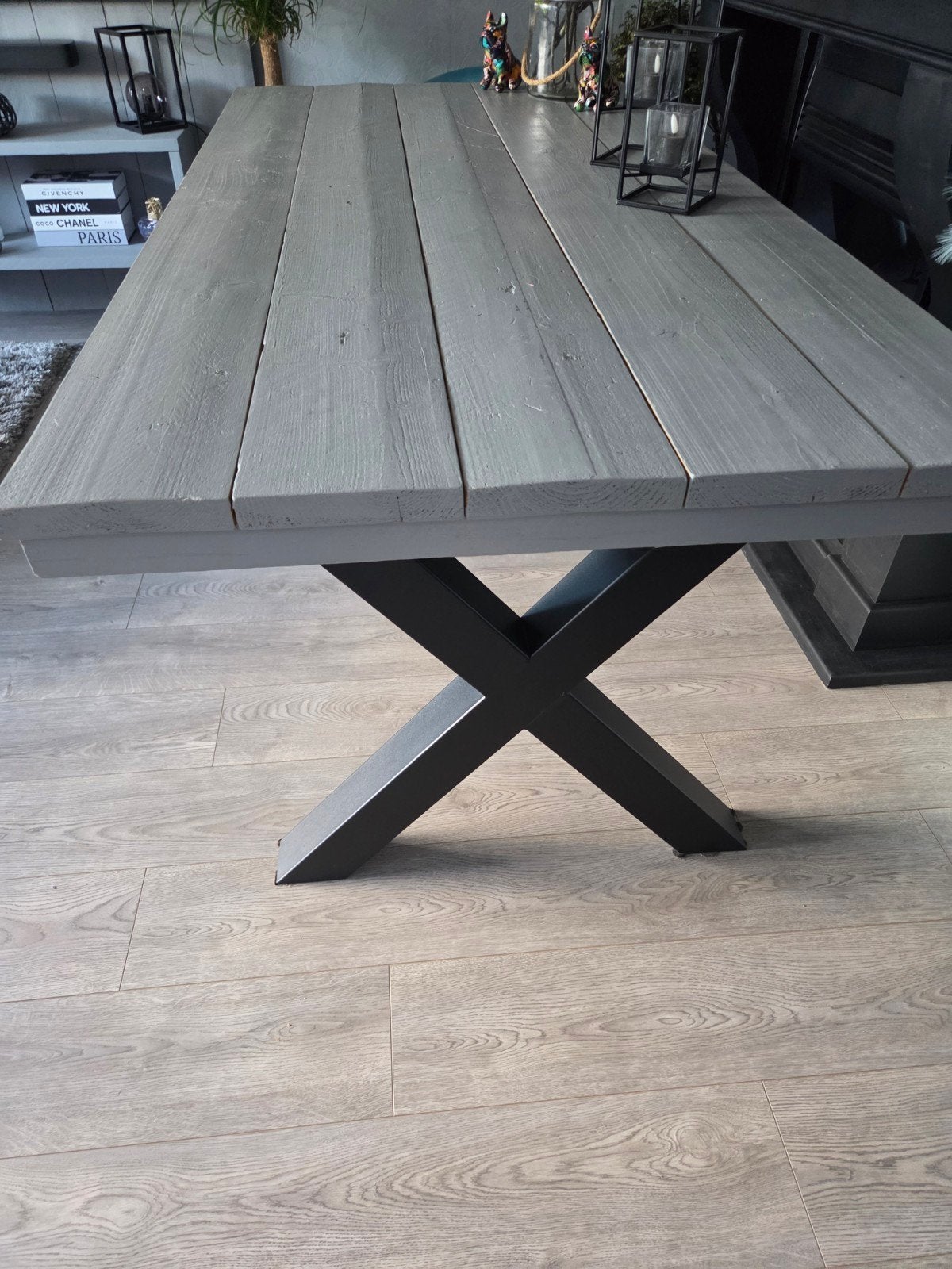 Steigerhouten eettafel betongrijs, Industrieel, Modern, 50 tot 100 cm, Zo goed als nieuw, 150 tot 200 cm