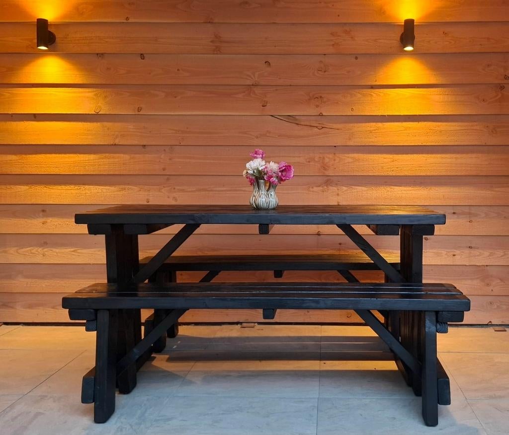 Robuuste picknicktafel met losse banken - Zwart gebeitst, Ophalen, Rechthoekig, Hout
