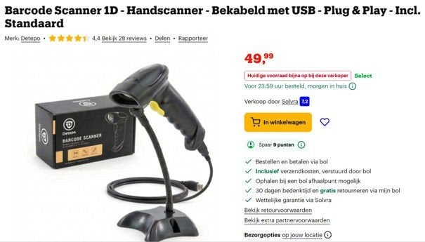 Barcode scanner 1D USB, Computers en Software, Scanners, MacOS, Verzenden, Nieuw, Detepo