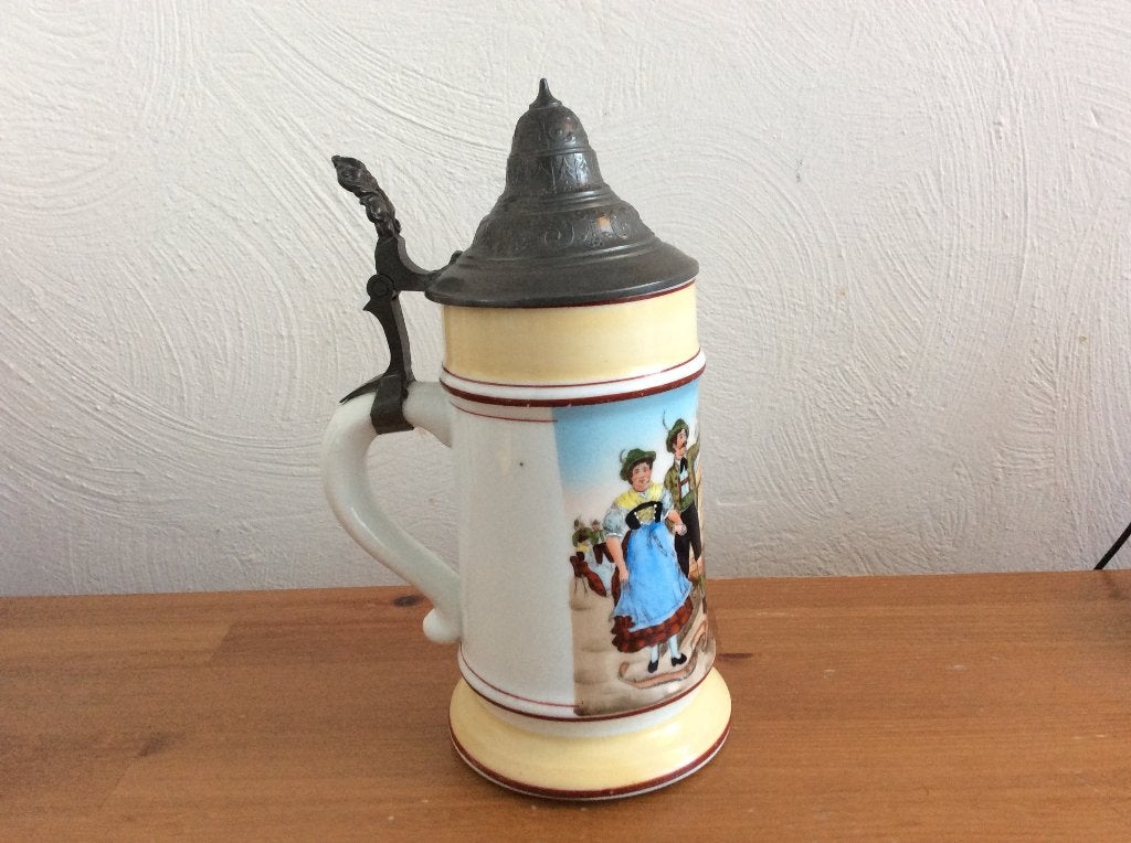 Keramieken Bierpul met lithophane in bodem en Tinnen deksel, Ophalen of Verzenden