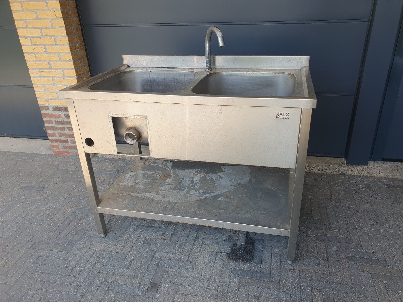 RVS dubbele spoelbak met kraan en onderblad, Ophalen, Gebruikt, Gas
