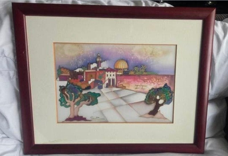Samy Mansour - Handgeschilderde zijde - Gezicht op Jeruzalem, Ophalen of Verzenden