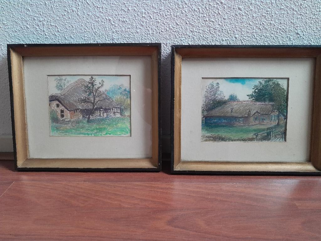 Twee boerderijtjes - pastel krijttekeningen inclusief lijst, Ophalen, Minder dan 50 cm, Gebruikt, Oorspronkelijke maker