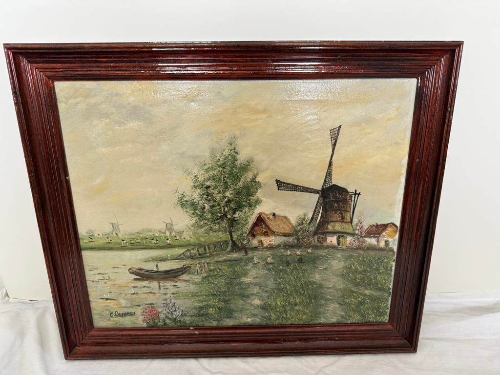 Olieverf schilderij molenlandschap gesigneerd C. Cuperus, Ophalen of Verzenden