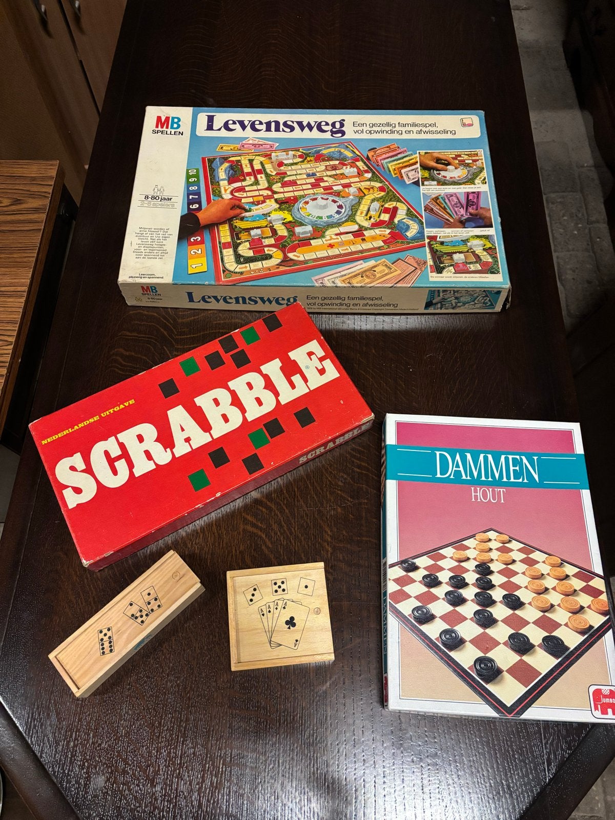 Diverse spellen: Levensweg, Scrabble, Dammen, Domino, Kaarte, Gebruikt, Een of twee spelers, Ophalen of Verzenden, Nvt