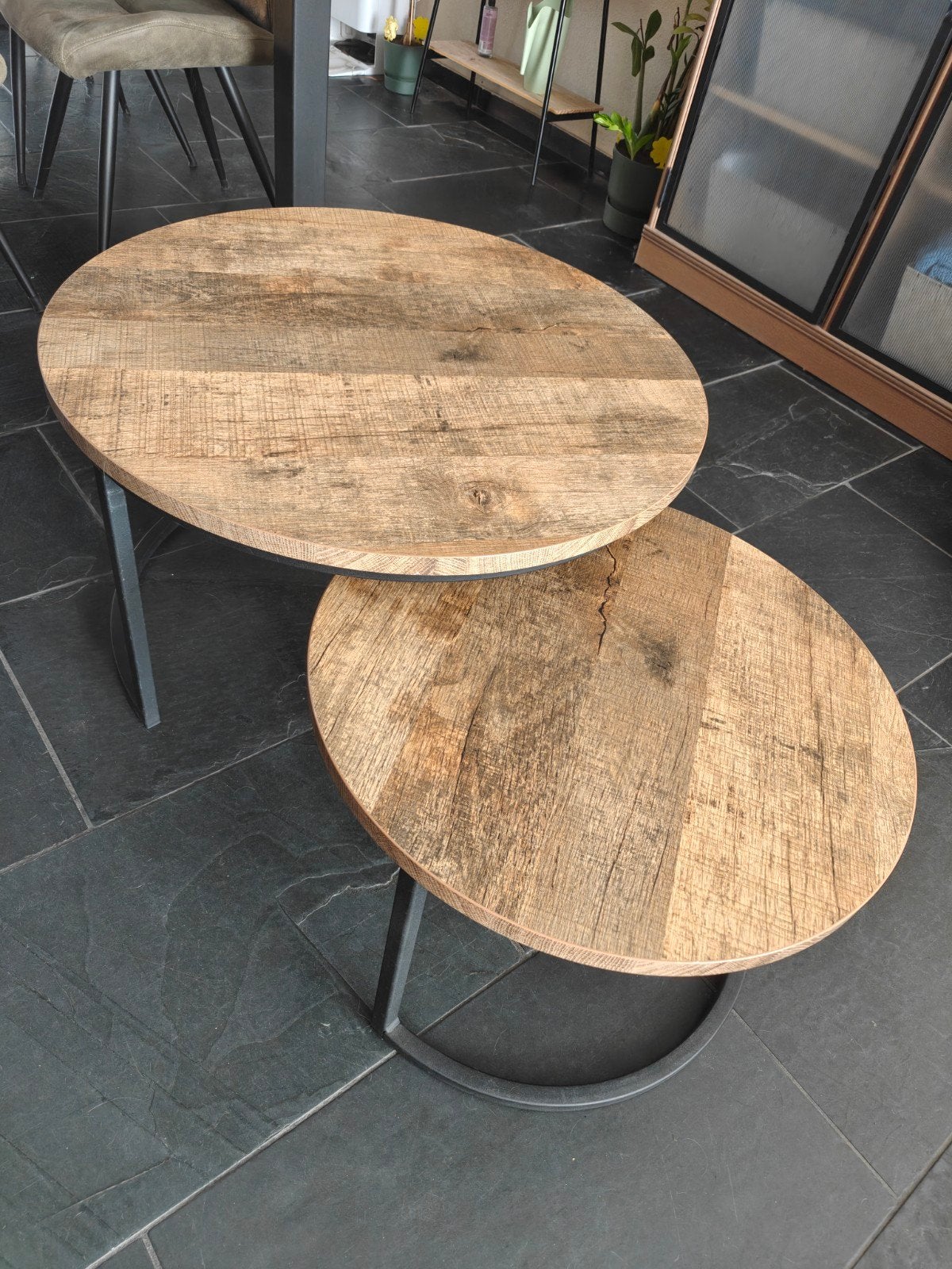 Set van 2 ronde salontafels, hout en metaal, Ophalen, Minder dan 45 cm, Gebruikt, Rond