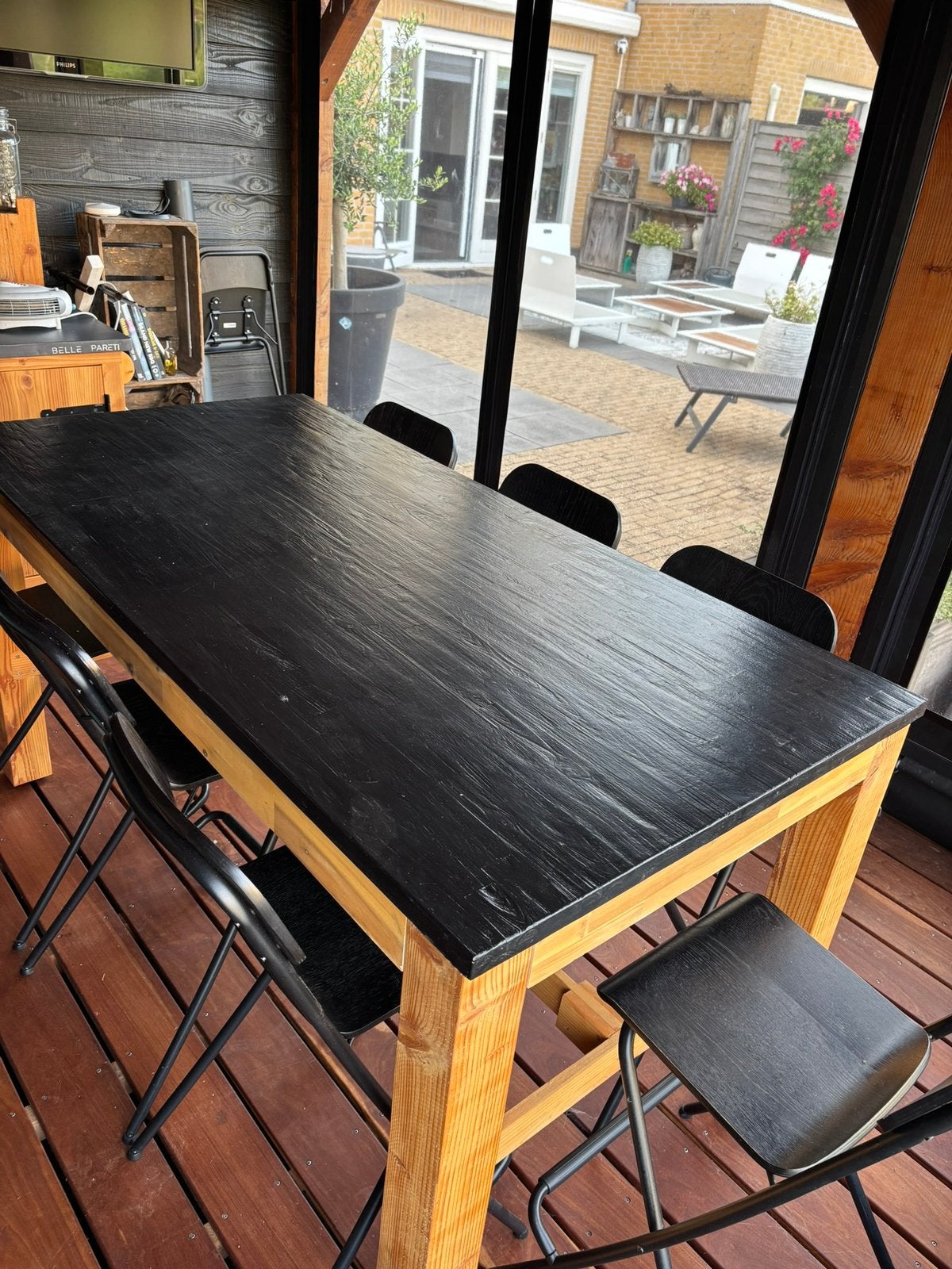 Houten tuintafel op barhoogte inclusief 8 barkrukken, Ophalen, Zo goed als nieuw, Rechthoekig, 50 tot 100 cm