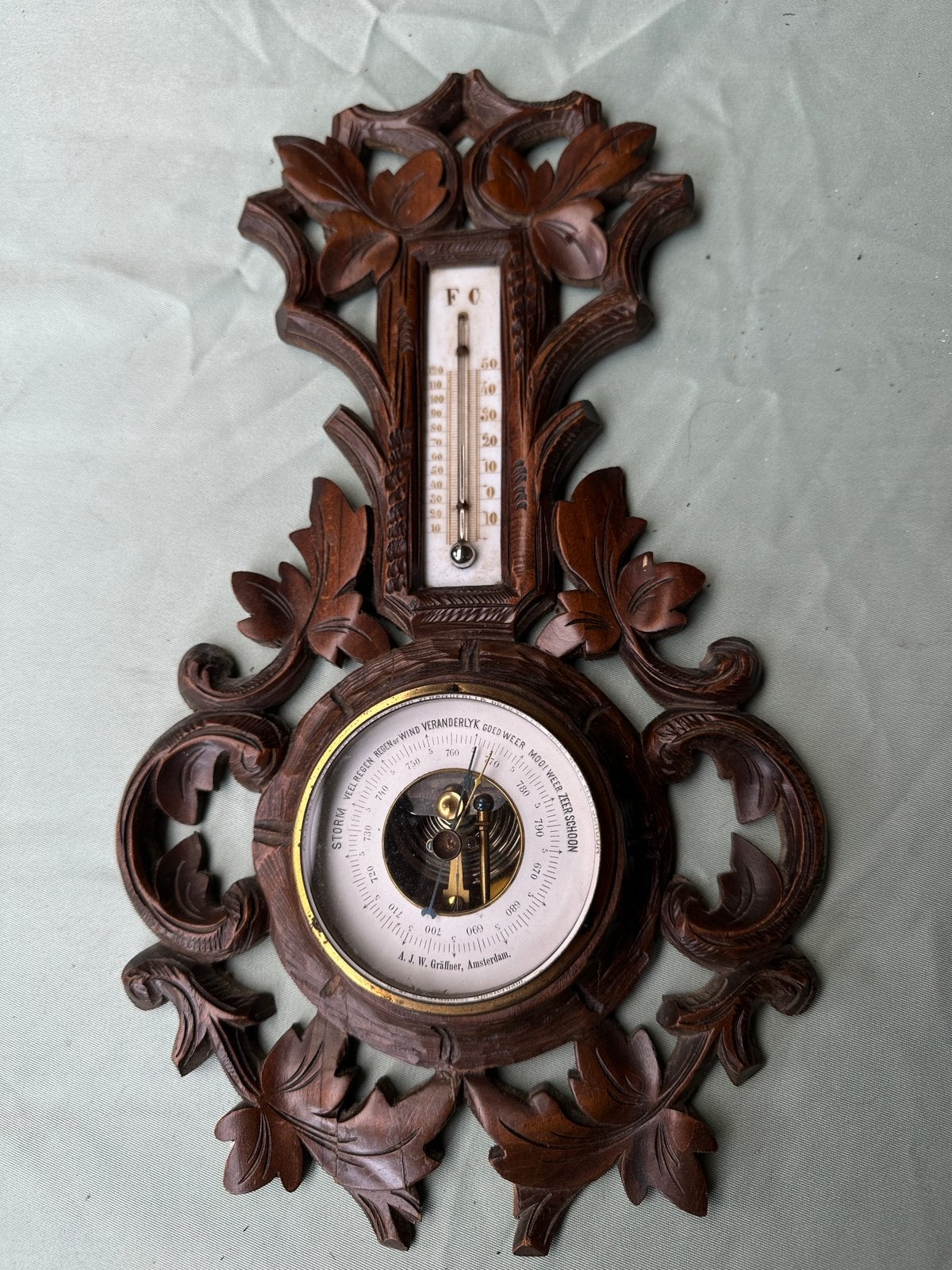 Antieke Barometer en Thermometer - Houtsnijwerk, Ophalen of Verzenden, Gebruikt, Barometer