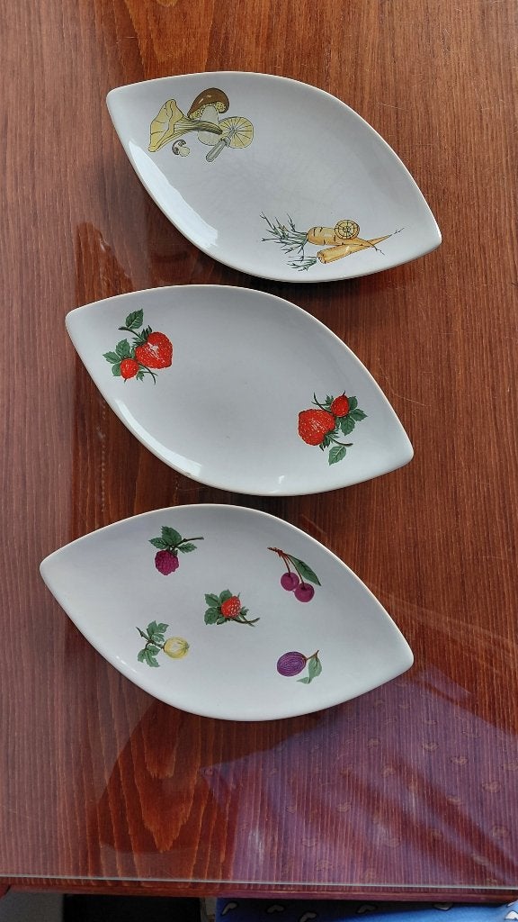 3 aardewerk vintage schaaltjes ovaal ruitvorm decoratie, Ophalen