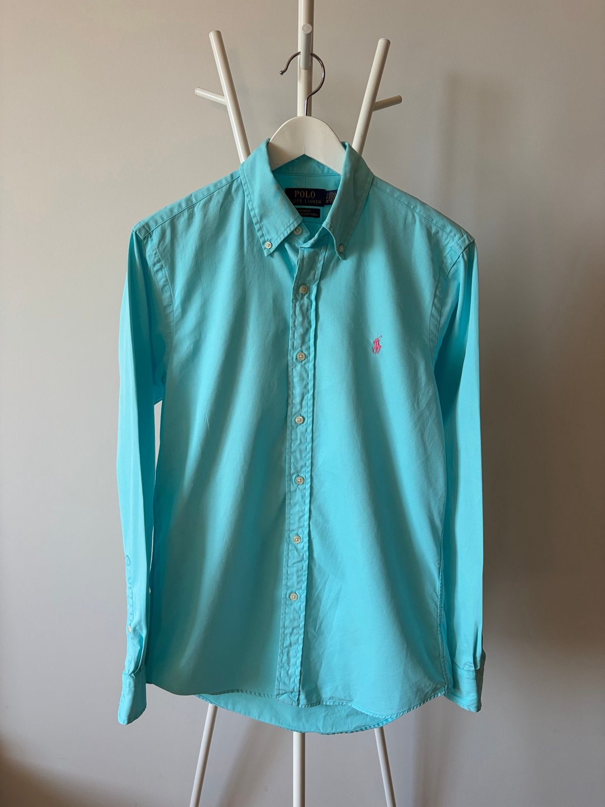 Ralph Lauren Custom Fit Overhemd - Aqua met Roze Logo, Ophalen of Verzenden, Zo goed als nieuw, Blauw, Halswijdte 38 (S) of kleiner