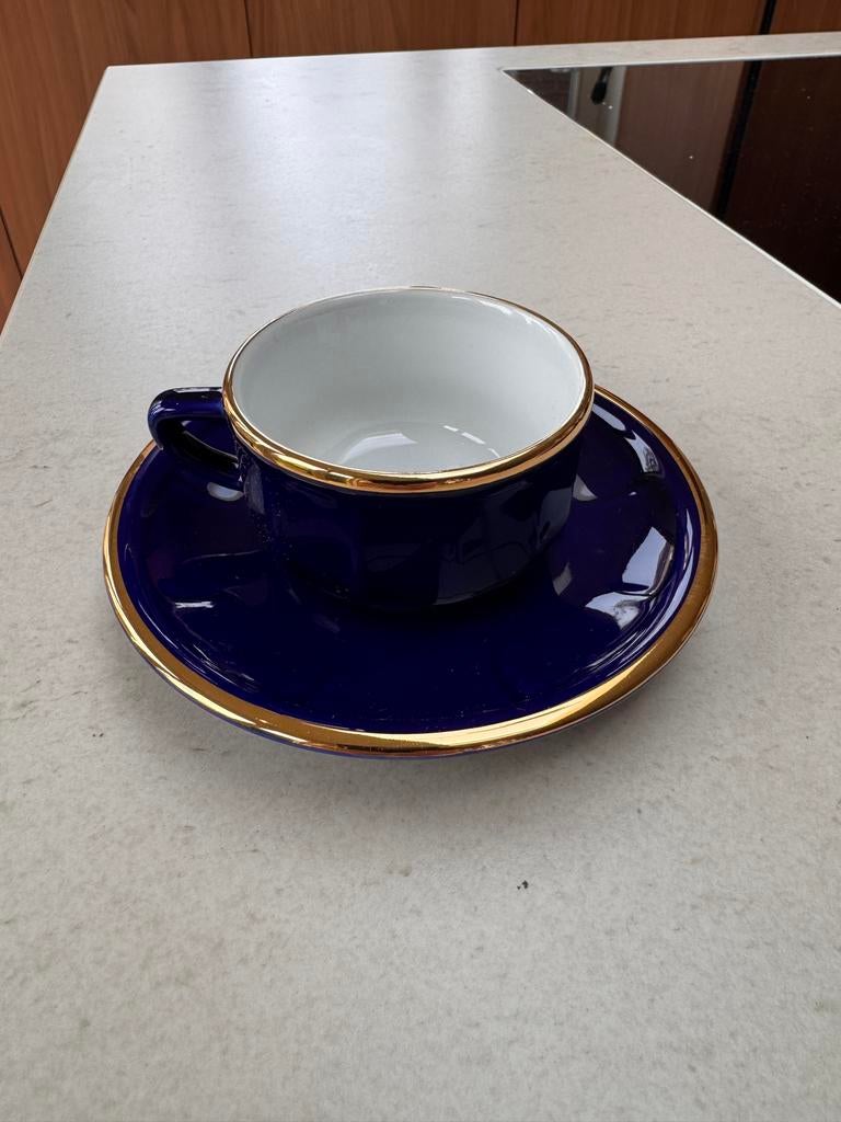 Apilco Blauw Espresso Kop en Schotel met Gouden Rand, Ophalen of Verzenden, Zo goed als nieuw, Overige stijlen, Kop(pen) en/of Schotel(s)
