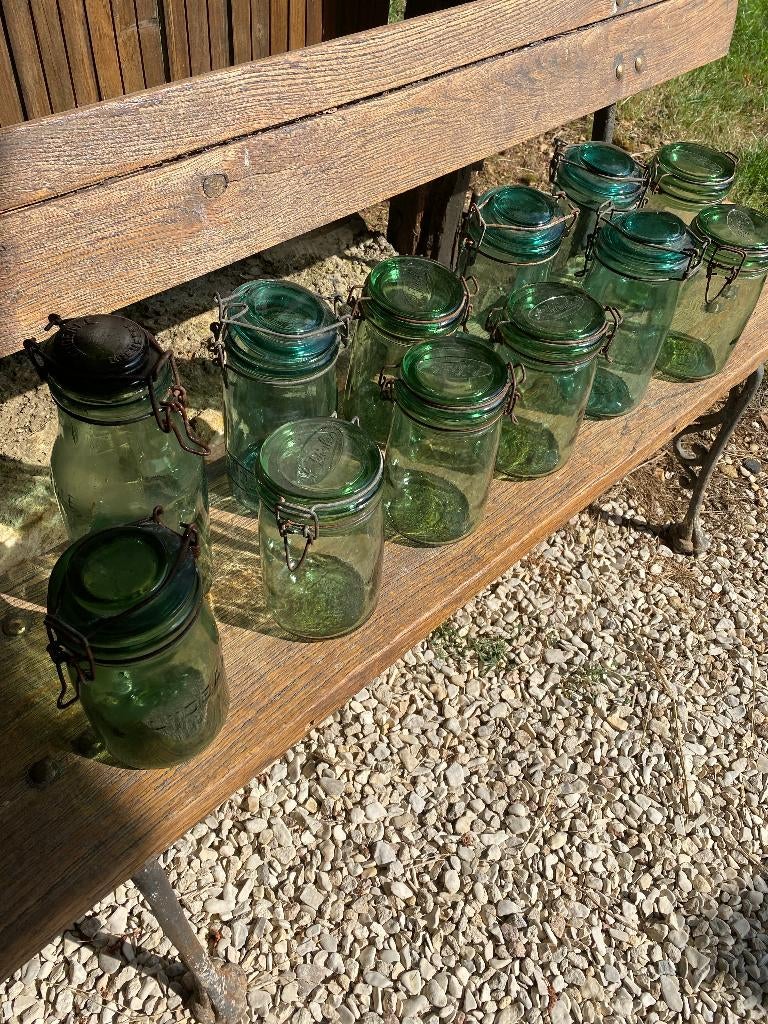 Brocante, antieke groene Franse weckflessen met beugel, Ophalen of Verzenden