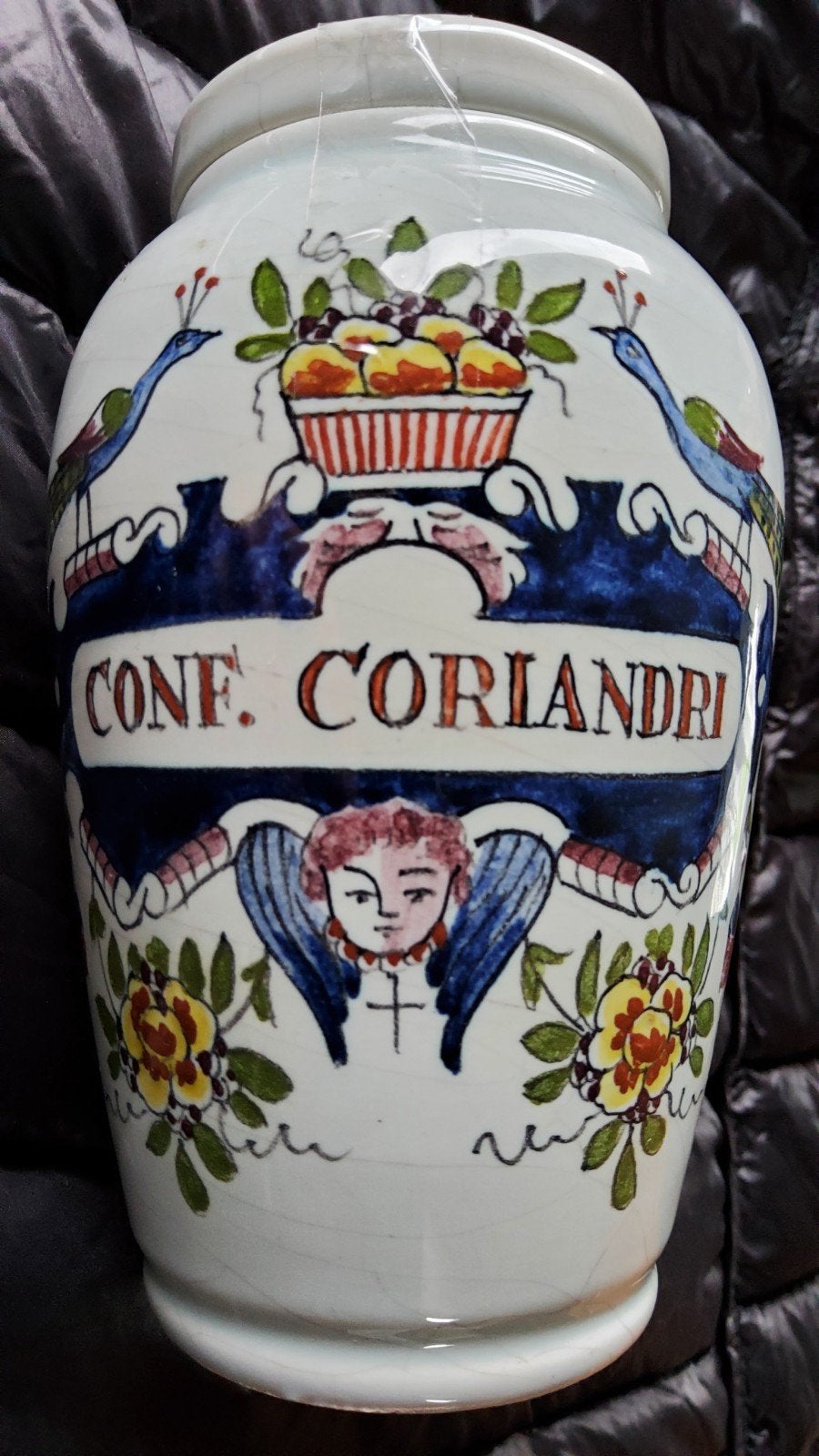 Antiek porseleinen Apothekerspot Conf Coriandri Engel Pauwen, Ophalen of Verzenden