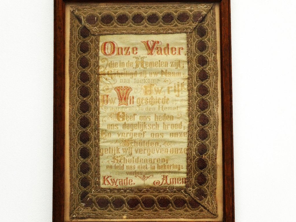 Antiek Onze Vader borduurwerk brocaat lint en gouddraad 1850, Ophalen of Verzenden