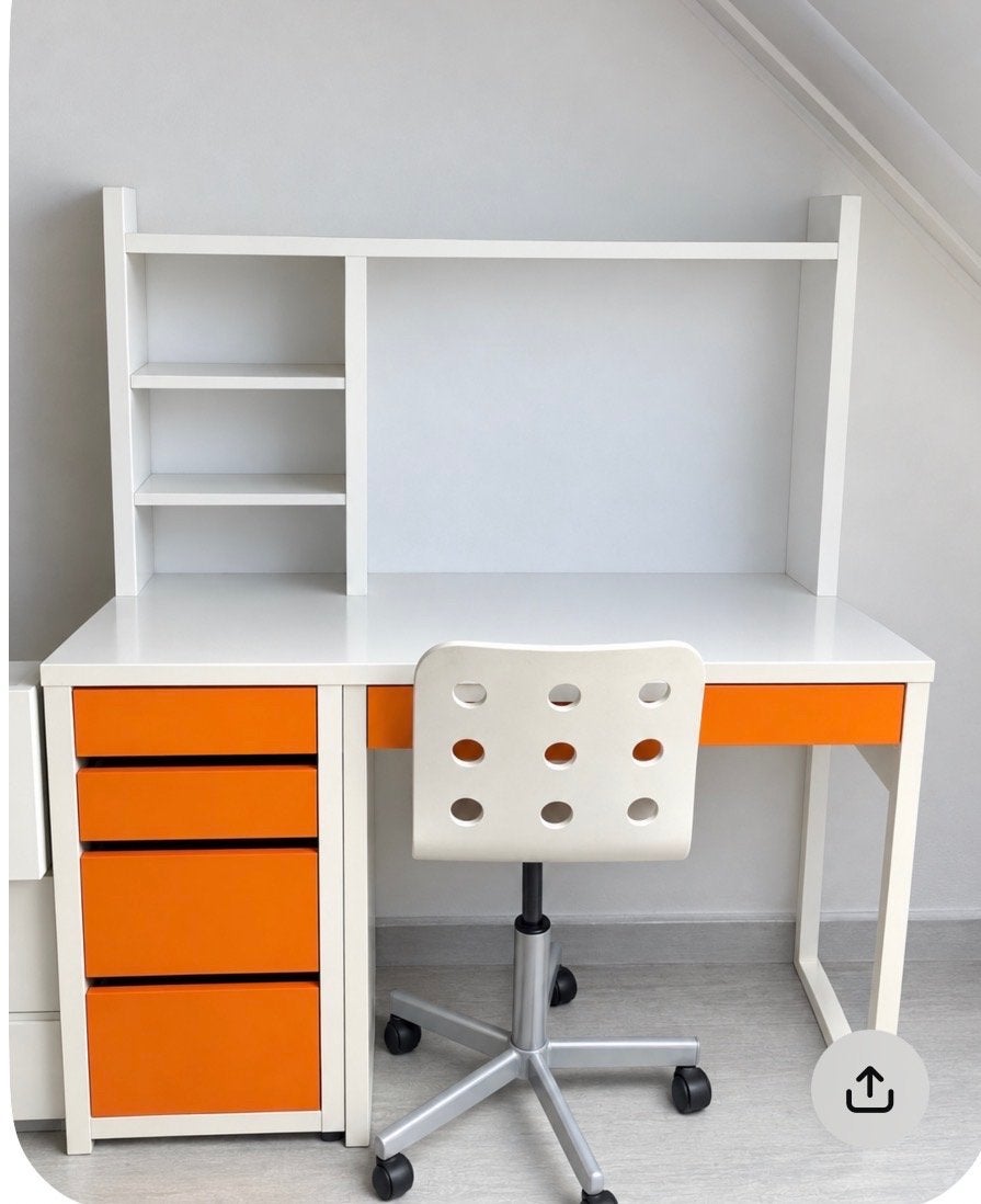 IKEA Bureau met opzetstuk en lades - Wit/Oranje, Ophalen, Gebruikt, Met lades, Spaanplaat of MDF