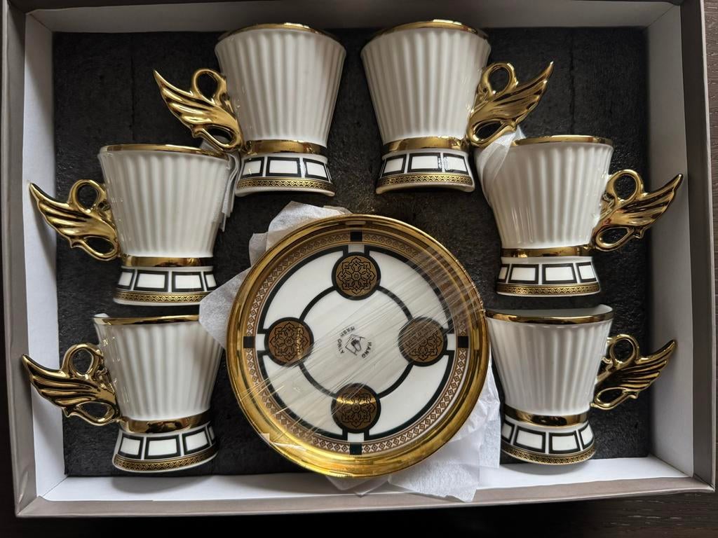 Luxe Al Sultan Koffiekopjes Set - Wit met Goud, Ophalen, Keramiek, Nieuw, Overige stijlen