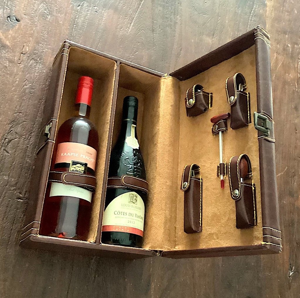 Te koop luxe wijn kist van hout met leer afgewerkt, Nieuw, Ophalen of Verzenden, Vol, Overige typen