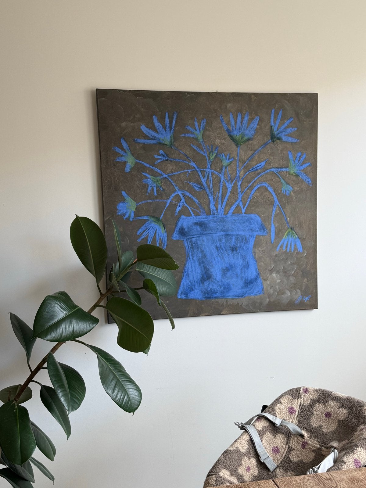 Abstract schilderij met blauwe bloemen in pot, Ophalen