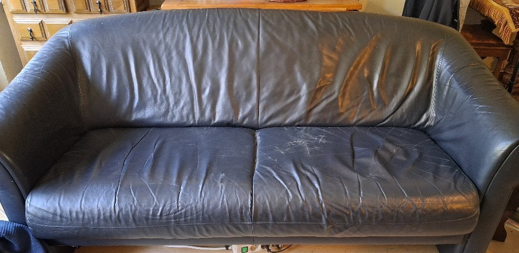 2 1/2 zitbank blauw leer 170 breed 80cm diep, Ophalen, Gebruikt, 150 tot 200 cm, Tweepersoons