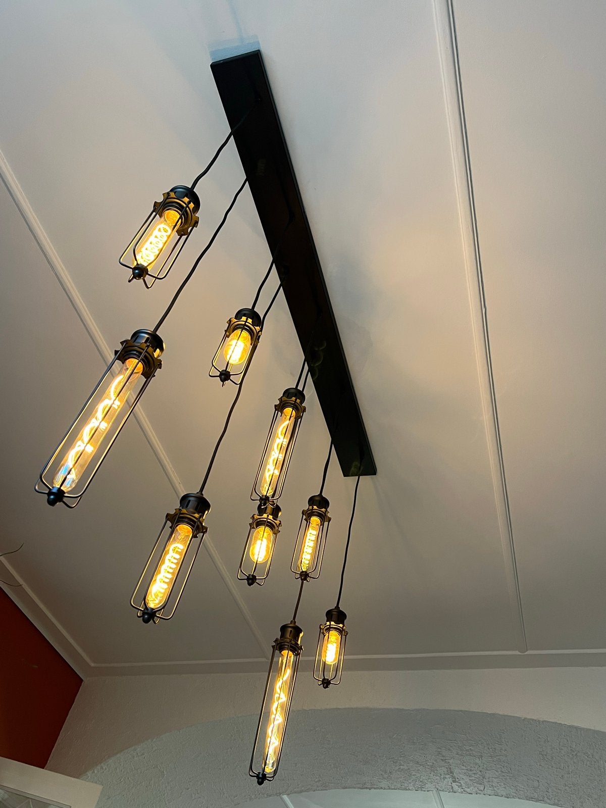 Moderne hanglamp met 9 Edison filament lampen, Ophalen, Zo goed als nieuw, Metaal, E27 (groot)
