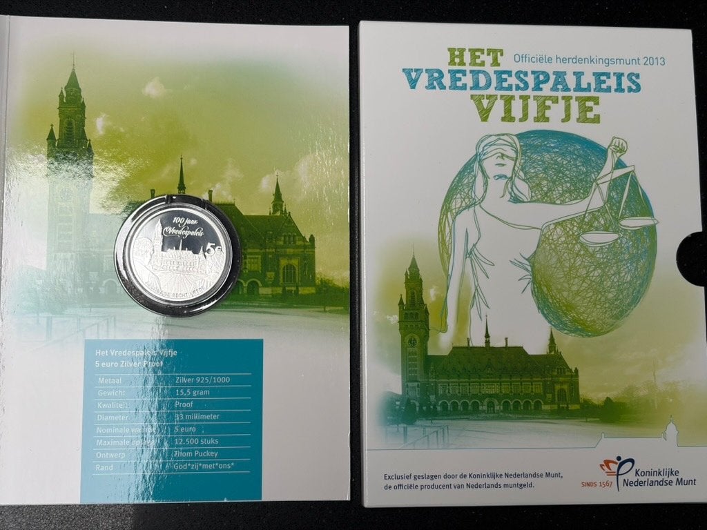 het vredespaleis vijfje, Postzegels en Munten, Munten | Europa | Euromunten, Zilver, Overige landen, Ophalen of Verzenden, 5 euro
