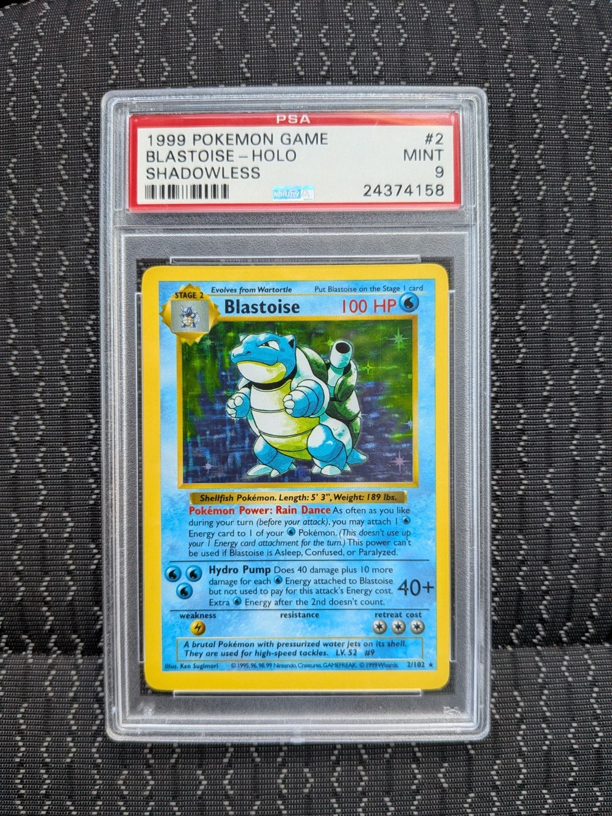 PSA 9 MINT 1999 Pokémon Blastoise Holo Shadowless, Ophalen of Verzenden, Zo goed als nieuw, Losse kaart